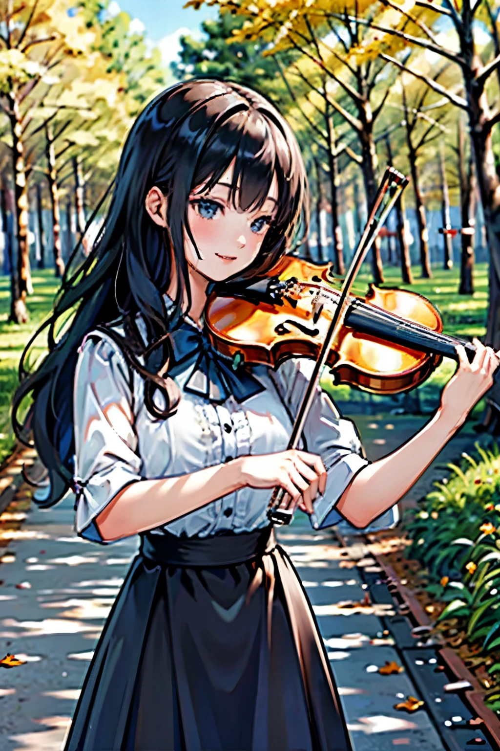 (masterpiece, highest quality), (Absurd), (Super detailed, 8k, Ultra-high resolution:1.2), One girl, (Playing the violin:1.2), Long Hair, smile, young, slim, Cowboy Shot, , Outdoor, nature, forest, Grass, Dynamic pose, autumn