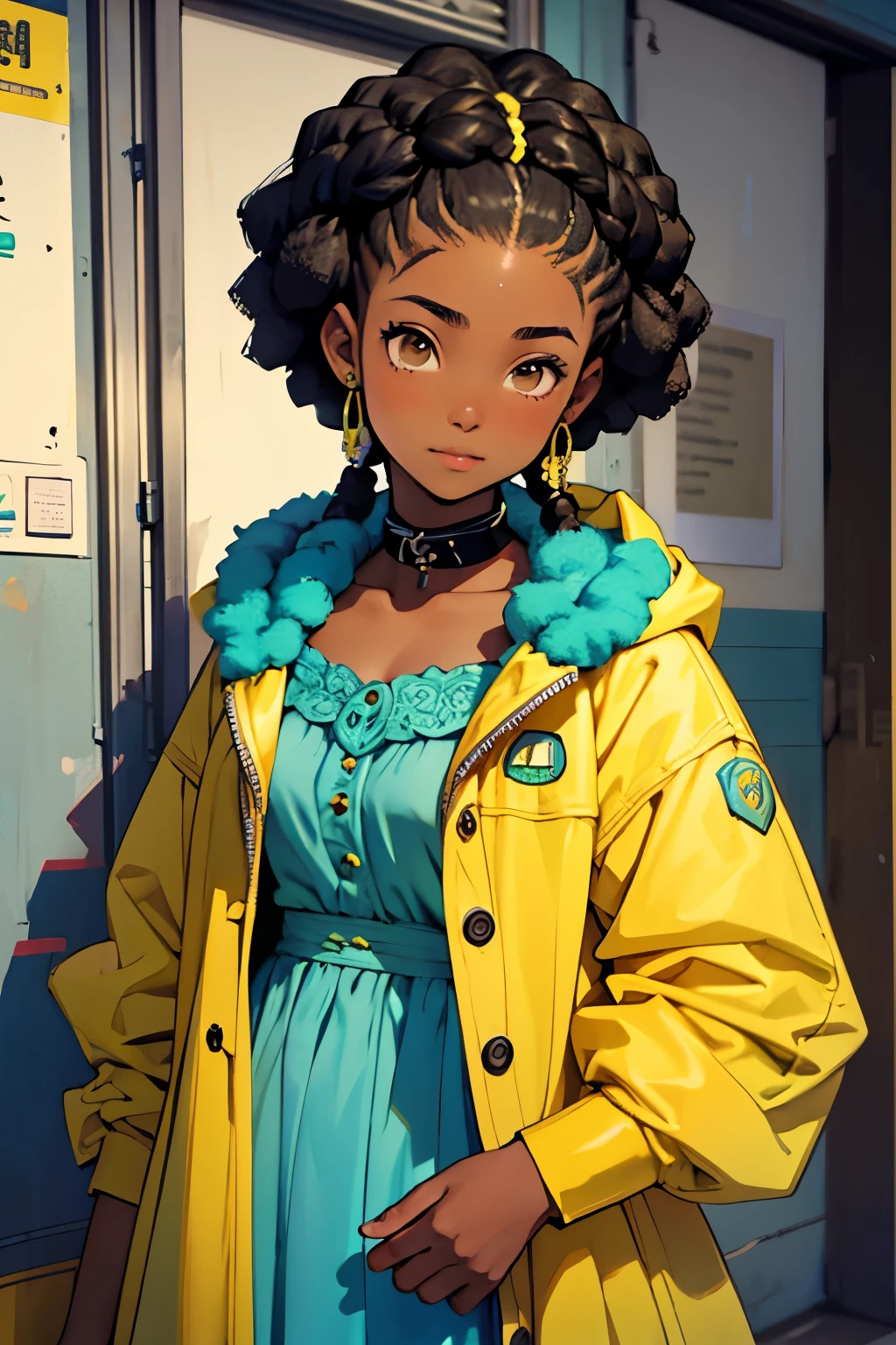 a young afro girl, a teenage girl, black skin, ebony skin, with pastel green afro braids hair style, dressing a blue cute dress and a yellow coat, a teenage girl, 12 years old girl, dark skin, brown eyes
