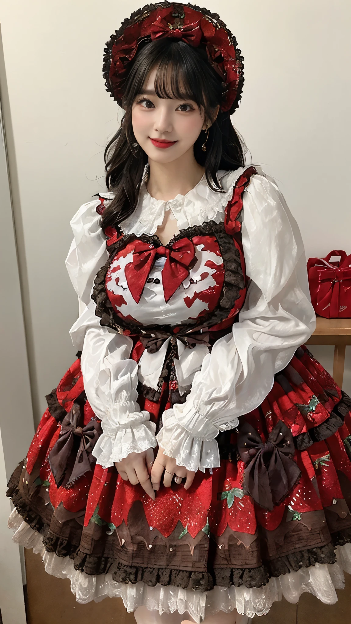((masterpiece:1.2、highest quality、Tmasterpiece))、1 female、alone、classroom、Day、(Korean Idol:1.25)、(Are standing:1.4)、Black Hair、Cute Face、Wavy Hair、Medium Hair、Beautiful legs、break、((dress:1.4))、(Big Breasts:1.4)、(tights)、Hoop Earrings、corset、lipstick、(mini skirt:1.2)、blush、smile、(Covered breasts:1.2)、(Thick lips:1.2)、Detailed body、Very detailed絵画, Luminism、4K resolution、3D Rendering、Exquisitely crafted , Cinematic、Realistic、Hit definition、Abstract Beauty、Approaching perfection, Pure Form, Golden Ratio、Very detailed, Digital photography, Soft natural light, 50mm lens, f1.8 Vacancies、blush、Small face、Narrow waist、cyb dress,layered dress,print dress,frilled dress,strawberry print,dress bow,bow,white shirt,long sleeves,hair bow,hat
