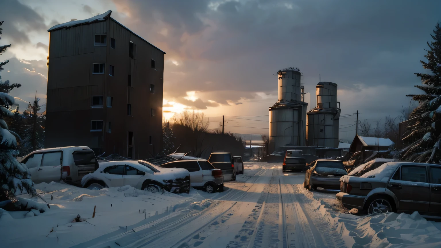 Dramatic lighting, chiaroscuro, post-apocalyptic, a gutted farm building to one side, an old grain silo, snow falling, vehicle wreckage, snowmobile, electricity pylons, rubble, dense forest, dozens of dark figures around a single bonfire, deep snow, overcast late evening