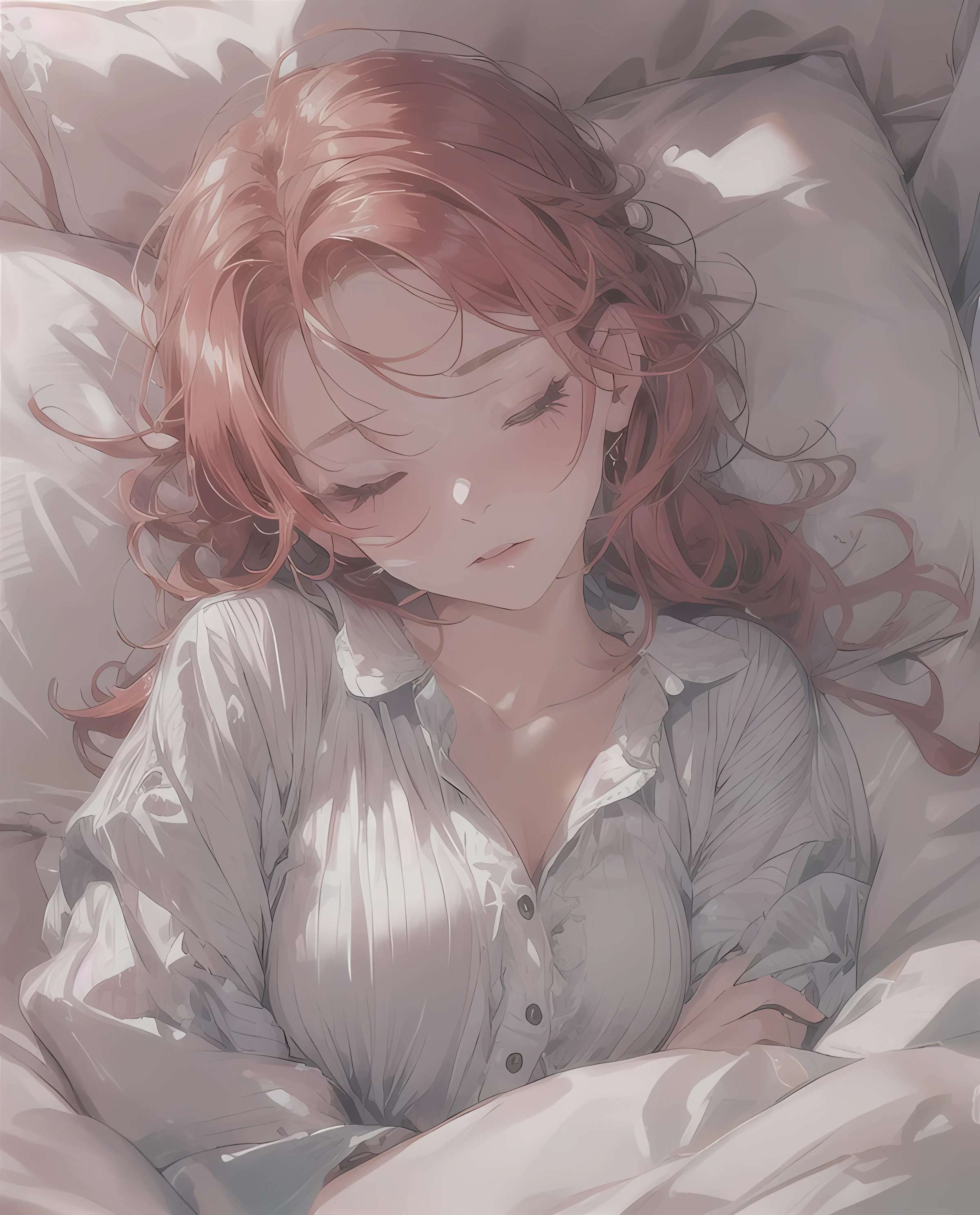 1 girl, Redhead, Facial hair, Red eyes, highest quality, Very detailed, The most delicate and beautiful, High resolution, (highest quality,4K,8k,masterpiece:1.2)、Sexy pose、Bedroom、erotic、Simple pajamas、Sexy clothes、Sexy clothes、bed、Are sleeping、
