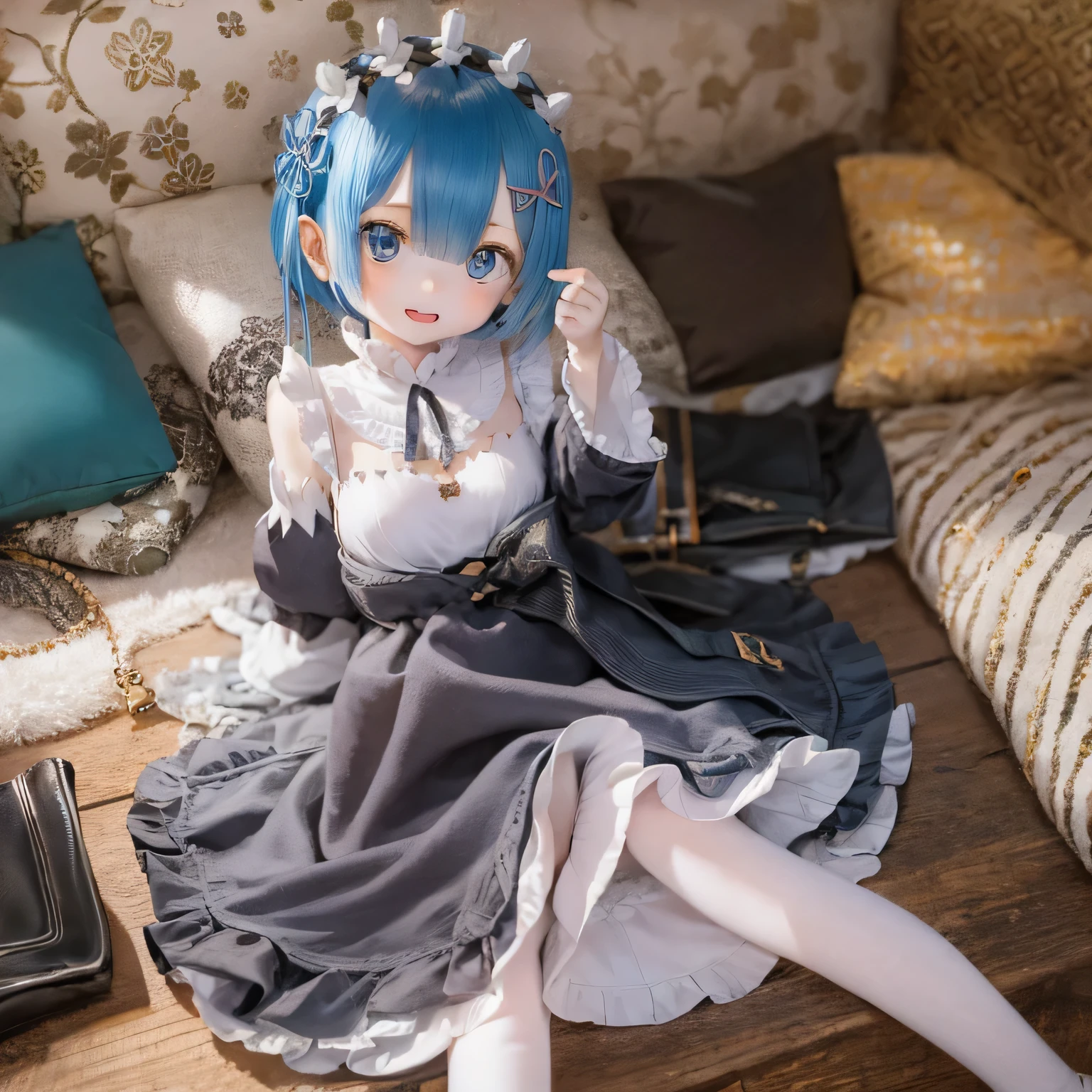A five-year-old girl named Rem, it is (((((((baby))))))) style, Has beautiful and delicate eyes, lips, And the face. Artwork must be of the highest quality, Sharp focus and ultra-detailed rendering. The color palette should be vibrant and vivid. The medium must be illustration or digital painting. For more information, look、Also includes Rem in a cute dress, And with a look of joy.(((a bit)))Sexy pose Blue hair Cute pose Flat chest Lifting skirt to greet
