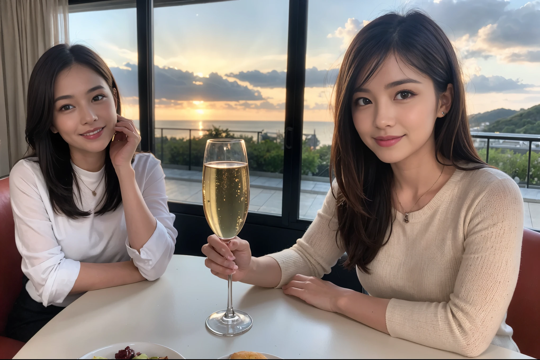 ((highest quality、8k、masterpiece:1.3))、A beautiful woman who looks like Rae Dunn、1 male、1 female、Couple、Spouse、The body is slim、((Bob Hale、Straight hair:1.2)), (Realistic, Intricate details:1.2), full-course dinner、テーブルの上のwine glass、Put the light on your face、 Amazing view of the sunset sky and clouds、A bright smile、The wonderfulness of smile、Bright image、The beauty of wine, Beautiful Face, blue eyes, The light shines on your face, Blushing, short hair,Bright Face、 (Age 44), 43 years old, red wine 、Appetizers、Italian food、Wine bottle、Champagne、sparkling wine、Two beauties、Brown Hair、Shortcuts、Long sleeve shirt、dress、Pretty Woman 1, (slimな顔), (The body is slim), (Brown Hair), (Shortcuts), cheeks turn a little red,Attractive beauty、restaurant, In a prominent place (From the waist up) Nova Frog Style, actress, model, Upper Body, White wine, slim, wine glass, A wine glass placed in the center, smile, (smile: 1.15), Beautiful fine grain, Depth f/2,saturation, High Contrast, Strong light and shadow,Moist Body:1.5、3D texture、Delicate eyes、Brown Hair、The hair is very shiny、