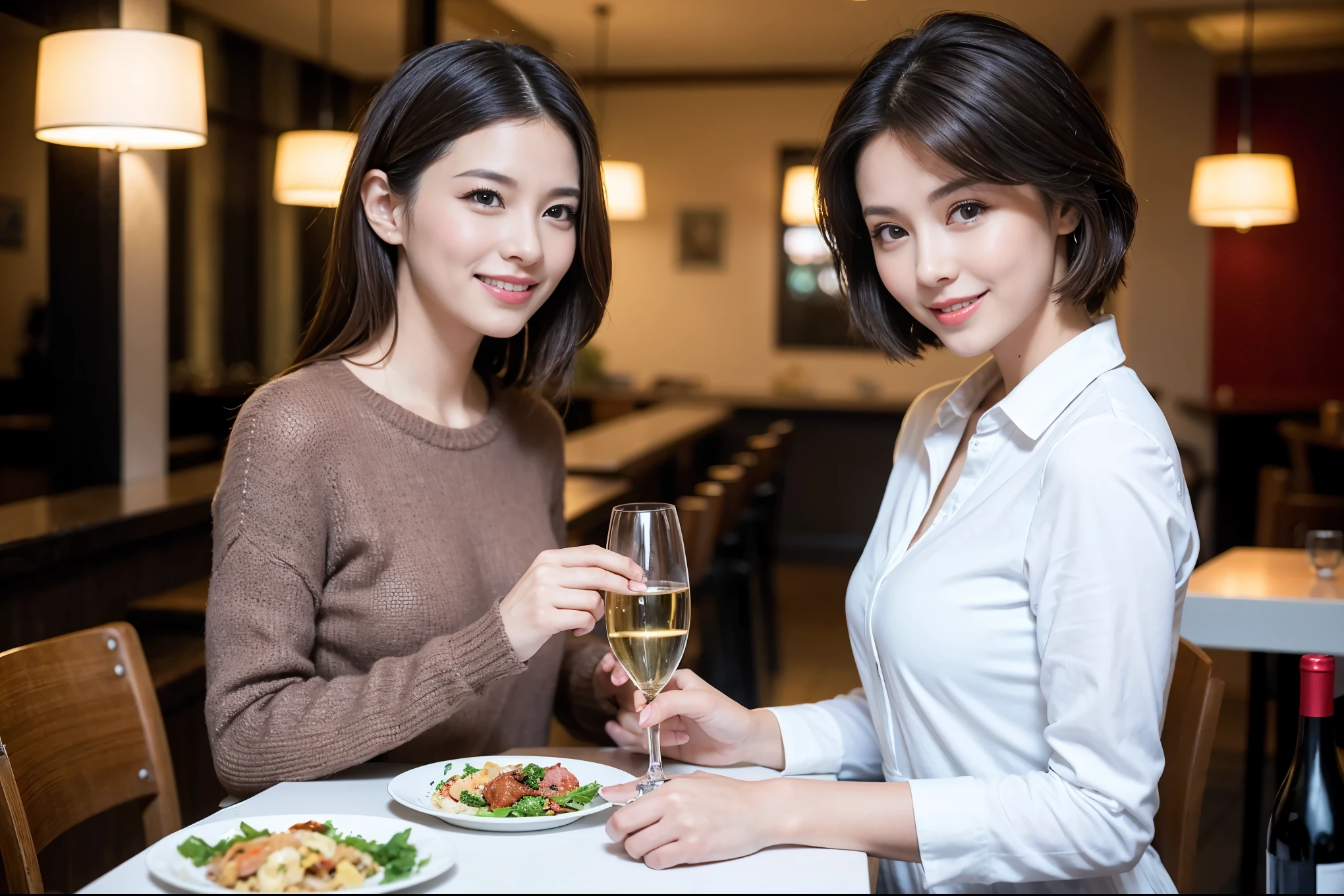 ((highest quality、8k、masterpiece:1.3))、A beautiful woman who looks like Rae Dunn、1 male、1 female、Couple、Spouse、The body is slim、((Bob Hale、Straight hair:1.2)), (Realistic, Intricate details:1.2), full-course dinner、テーブルの上のwine glass、Put the light on your face、 Amazing view of the sunset sky and clouds、A bright smile、The wonderfulness of smile、Bright image、The beauty of wine, Beautiful Face, blue eyes, The light shines on your face, Blushing, short hair,Bright Face、 (Age 44), 43 years old, red wine 、Appetizers、Italian food、Wine bottle、Champagne、sparkling wine、Two beauties、Brown Hair、Shortcuts、Long sleeve shirt、dress、Pretty Woman 1, (slimな顔), (The body is slim), (Brown Hair), (Shortcuts), cheeks turn a little red,Attractive beauty、restaurant, In a prominent place (From the waist up) Nova Frog Style, actress, model, Upper Body, White wine, slim, wine glass, A wine glass placed in the center, smile, (smile: 1.15), Beautiful fine grain, Depth f/2,saturation, High Contrast, Strong light and shadow,Moist Body:1.5、3D texture、Delicate eyes、Brown Hair、The hair is very shiny、