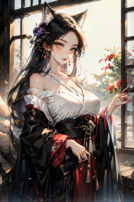 A black haired fox woman with violet eyes with an hourglass figure and black fox ears and a black fox tail in a pretty kimono is making tea in the kitchen