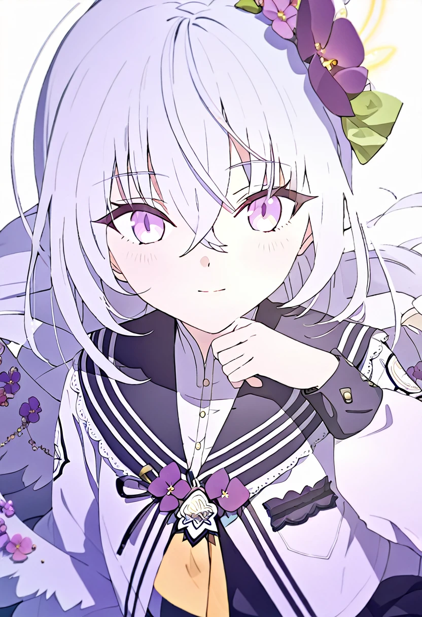 azusa \(blue archive\), 1girl angel_wings black_sailor_collar blush closed_mouth crescent_halo crossed_bangs feathered_wings flower hair_between_eyes hair_flower hair_ornament halo hand_up long_hair long_sleeves looking_at_viewer necktie purple_eyes purple_flower sailor_collar school_uniform shirt smile solo upper_body white_background white_hair white_shirt white_wings wings yellow_halo yellow_necktie