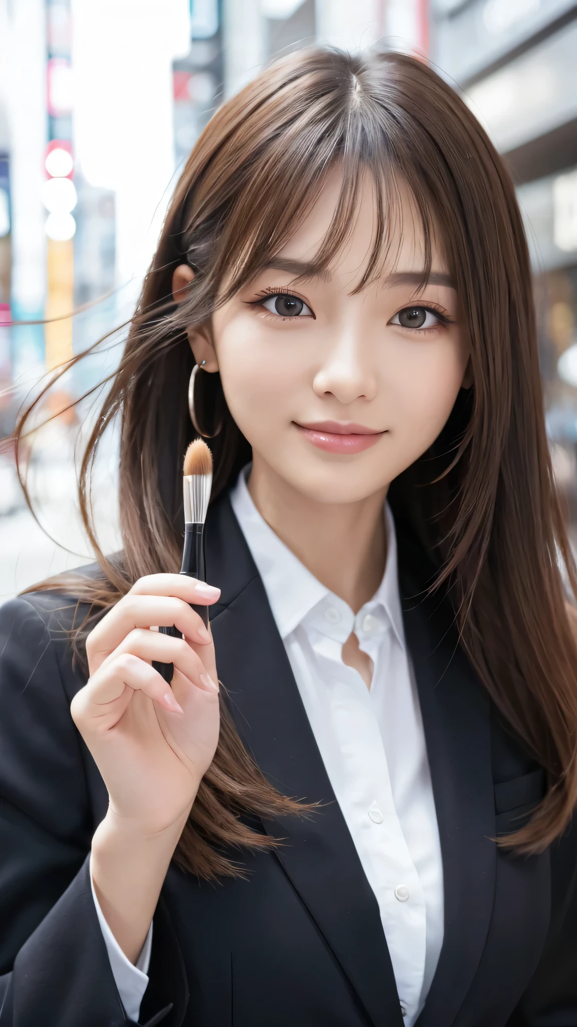 table top、highest quality、genuine、Super detailed、finely、High resolution、8k wallpaper、one beautiful woman、、、light brown disheveled hair、wearing a business suit、sharp focus、perfect dynamic composition、beautiful and detailed eyes、thin hair、Detailed genuine skin texture、smile、model body shape、In Tokyo at morning、Brush your hair up with your fingers.