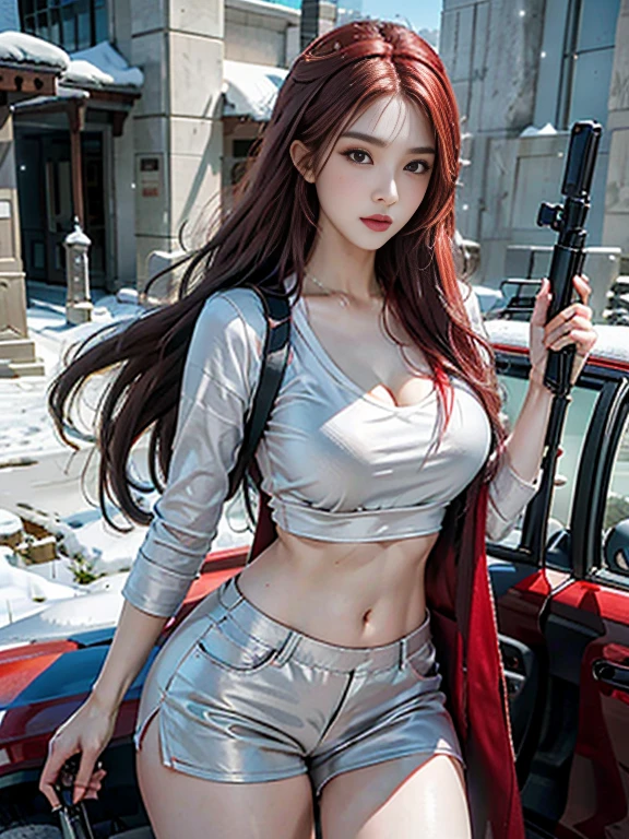 realistically, A high resolution, One woman, butt lift, view the viewer, (Detailed faces),red hair clothes, Long gray hair, nurse's outfit, Enchanting figure，bared  chest，Expose her belly，Bare with thighs，The red fox is around，Snow background, Girl aims AK-47 assault rifle