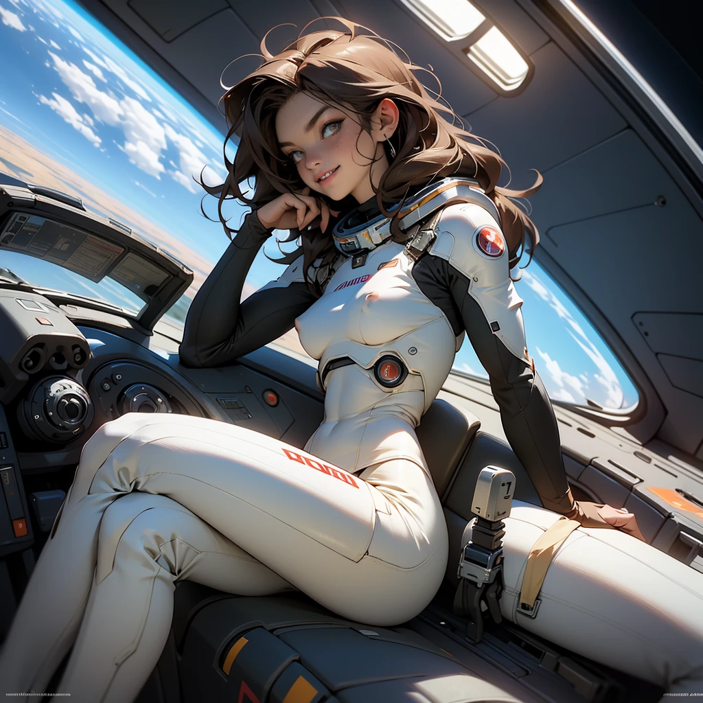Side view,,gritty hair fit body massive breasts (protuding erect nipples) slim thighs slim waist pilot suit top, nude lower body, bare belly, bare buttocks, bare thighs, smiling looking at the viewer. Sat in padded pilots chair, legs spread. space craft long hair blushing determination, 8k, Detalle extremo,More detailed 8K.motor irreal:1.4,UHD,La mejor calidad:1.4, fotorrealista:1.4, textura de la piel:1.4, obra maestra:1.8,obra-prima, mejor calidad,objeto Objeto], (detailed face features:1.3),(Traje de piloto:1.4)