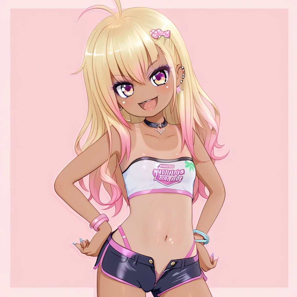 By mantis-x, (gyaru), young girl, tight small hotpants, small breasts, playful smile, blonde hair, ((tanned skin)), solo, midriff, tube top,