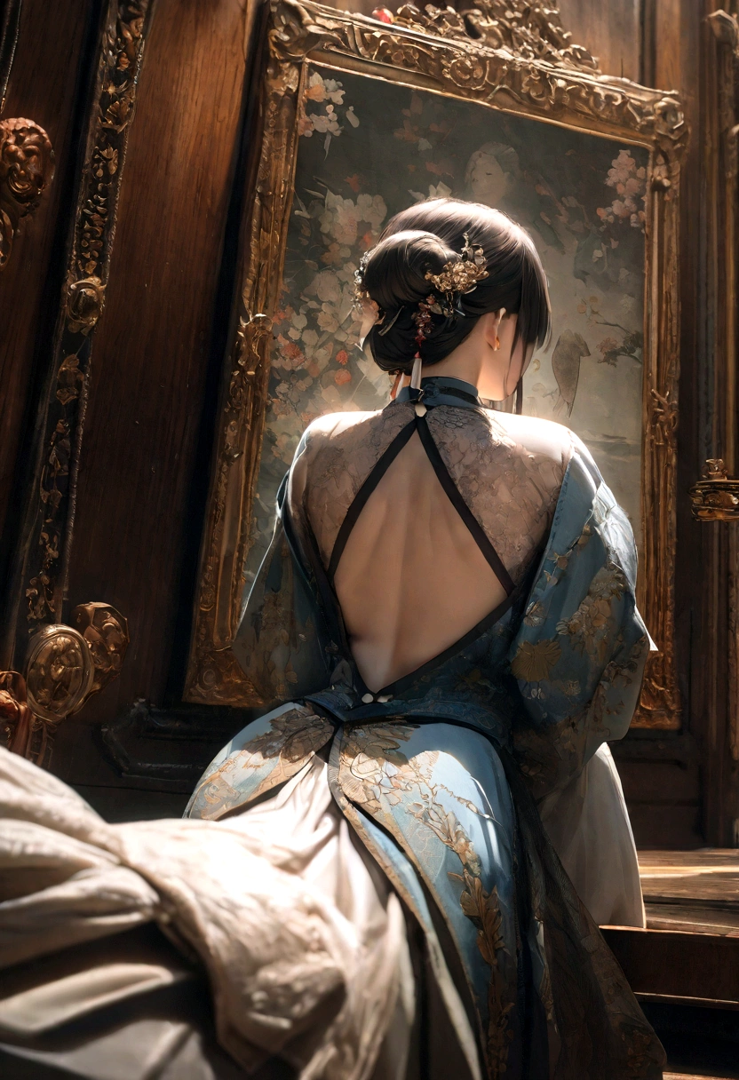 1 Girl.Solitary,Hanfu,China costume,(back:1.2),photo, masterpiece, photo寫實主義,best quality, Ultra-high resolution, RAW photo, photo拍摄, professional, Amazing details, rich and colorful, Surrealism, masterpiece, best quality, HDR, point of view, best quality, Clear focus, Digital Art Rendering, 8K,