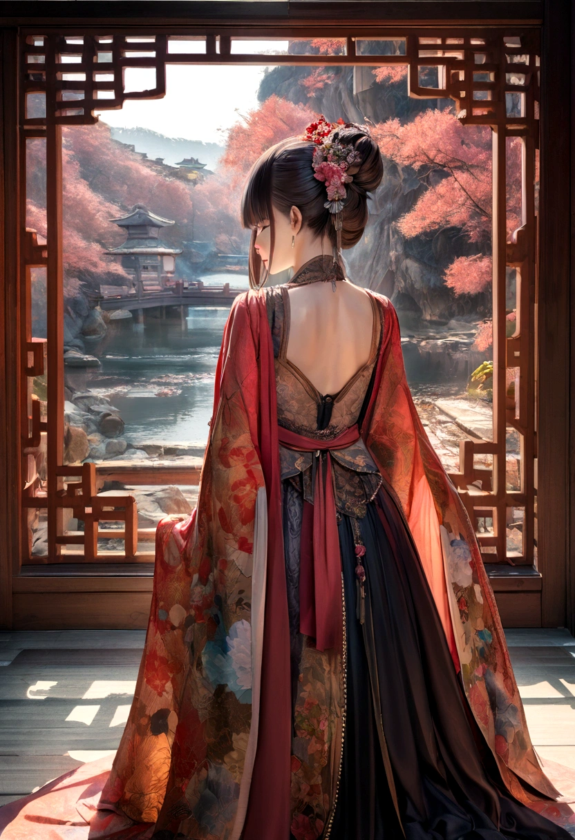 1 Girl.Solitary,Hanfu,China costume,(back:1.2),photo, masterpiece, photo寫實主義,best quality, Ultra-high resolution, RAW photo, photo拍摄, professional, Amazing details, rich and colorful, Surrealism, masterpiece, best quality, HDR, point of view, best quality, Clear focus, Digital Art Rendering, 8K,