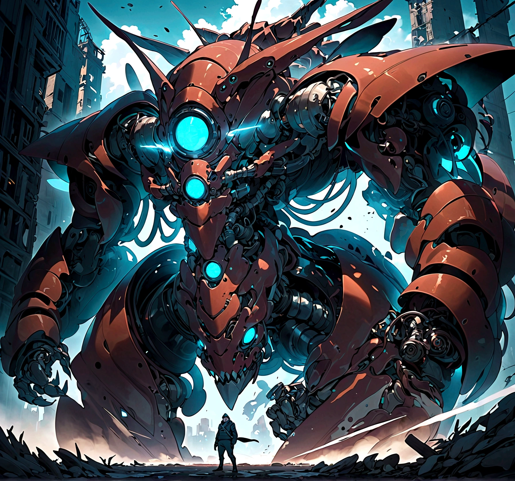 solo, Evil villains, giant insect mecha , Turquoise blue main color, borken mecha with winds clouds,The joints of arthropods , a Biotechnology mecha with face and glowing eyes, golem creature, dusty dark ruins as background, mecha vore art epic digital painting, epic full color illustration