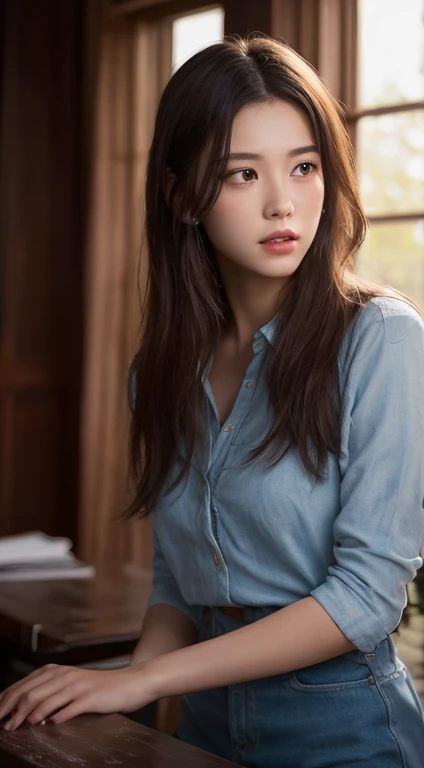 (RAW Photos, highest quality), (Realistic, photo-Realistic:1.3),highest quality,Very detailed,masterpiece,Very detailed,shape,One Girl,full_body,Dynamic Angle,world masterpiece theater,Messy_length_hair,highest quality,Very detailed CG , 8k,,ink,wonderful,Cinema Lighting,lens_Flare, Dunhuang_style, In the classroom、Perfect Face:1.2,