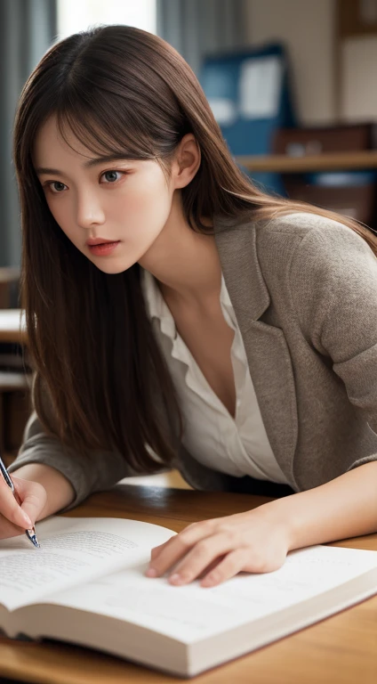 (RAW Photos, highest quality), (Realistic, photo-Realistic:1.3),highest quality,Very detailed,masterpiece,Very detailed,shape,One Girl,full_body,Dynamic Angle,world masterpiece theater,Messy_length_hair,highest quality,Very detailed CG , 8k,,ink,wonderful,Cinema Lighting,lens_Flare, Dunhuang_style, In the classroom、Perfect Face:1.2,