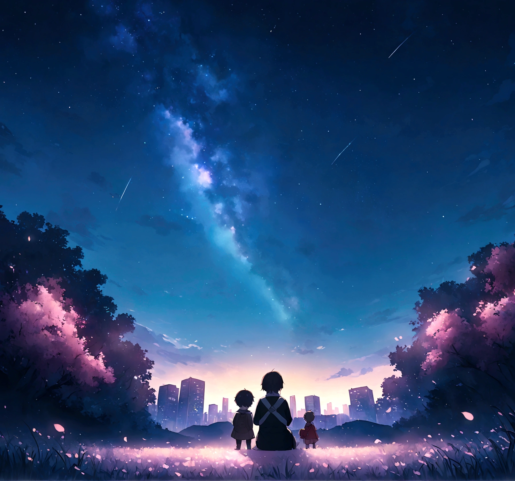 City of night、The sky is wonderful、meteor、3 year old little boy sitting on top of a building、Brown Hair、Back view、The city is bright with streetlights、Landscape Main、highest quality、Anime Scenery、Xin Haichen、building、Field、Milky Way 110207, distant 3 year old little boy staring at
the performer，（Zoom out：1.1），（meteor：1.2）、（comet：1.1，yourname、Low Angle、From behind、Alola、shooting star、cherry blossoms、Standing in the Field、highest quality、masterpiece、cloud、colorful、Starry Sky、performer、