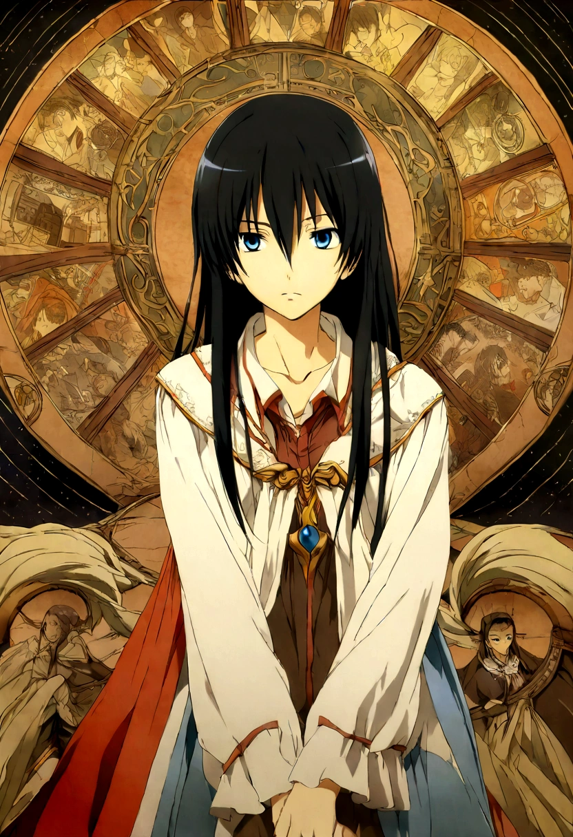 Anime poster, for an Anime boy solitary 17-year-old, mid tall , with dark blue to near black hair that is mid long , smoothly goes from all sides and the front side is perfect, simple smooth hair that all goes down and looks elite, with mid blue eyes. With down emotions. Floating in the old world from long time ago, this world is colored with orange and red because its too old, and more details in the world.