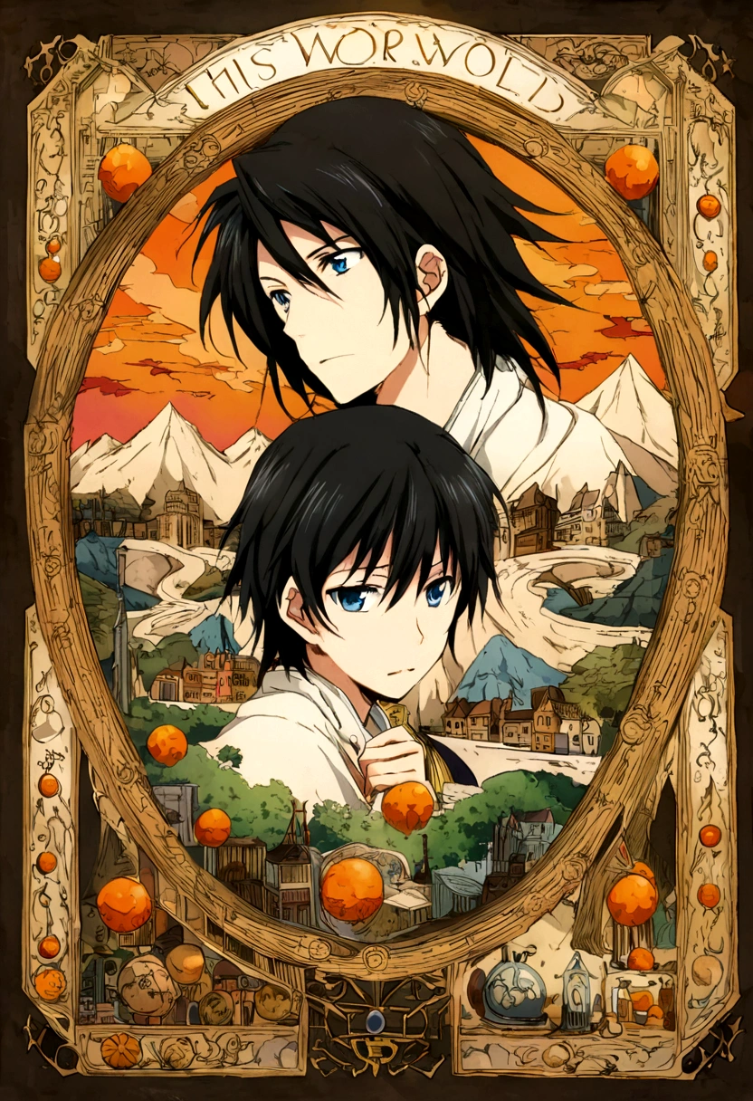 Anime poster, for an Anime boy solitary 17-year-old, mid tall , with dark blue to near black hair that is mid long , smoothly goes from all sides and the front side is perfect, simple smooth hair that all goes down and looks elite, with mid blue eyes. With down emotions. Floating in the old world from long time ago, this world is colored with orange and red because its too old, and more details in the world.