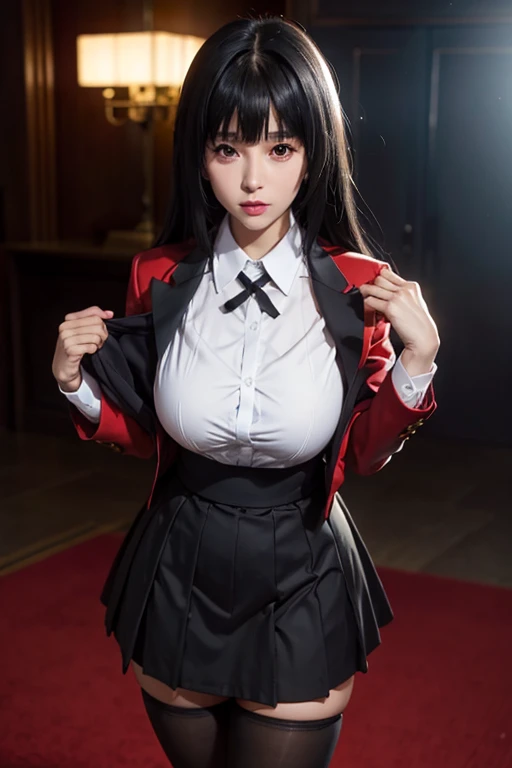 peeing self , Shit, Pooping, Shit breaks , tropical rainforest , steam , waistband of skirt is at the point above chest , Tight shirt , white Shirt , school girl , skirt under breasts , skirt is near breasts area , skirt is adjacent to the chest , jabami yumeko, black hair, long hair, blunt bangs , red jacket, shirt, black skirt , big breasts , pikkyyumeko pikkyyumeko, 1girl, solo, looking at viewer, black hair, bangs, blunt bangs, long hair, very long hair, hime cut, red eyes, glowing eyes, breasts, large breasts, , shirt, red jacket, jacket, white shirt, collared shirt, lips, blazer, black pantyhose, mary janes, full body,
