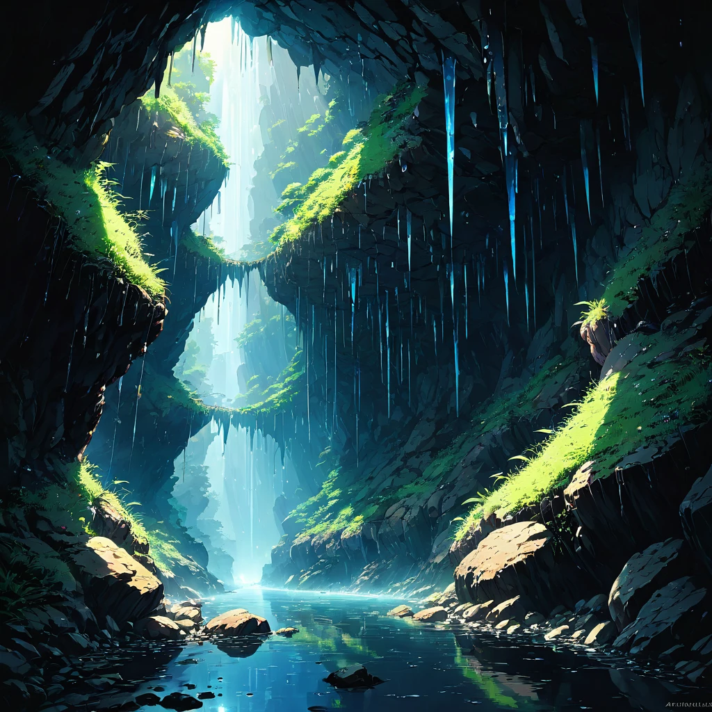cave, darkness, Silence, cold, moisture, Confined Space, gorge, Hall, rock, stalagmites, Stalactites, groundwater, Water Drop, sound, echo, Bat, insect, microorganism, Unknown Creature, fear, anxiety, mystery, Not tread, Secret Realm,beautiful Anime Scenery, Landscape painting, Beautiful digital painting, Andreas Rocha, Beautiful artwork illustration, Awesome Wallpapers, Raymond Han, Tall beautiful paintings, Studio Greeble Makoto Shinkai, Beautiful Wallpapers, Anime Scenery