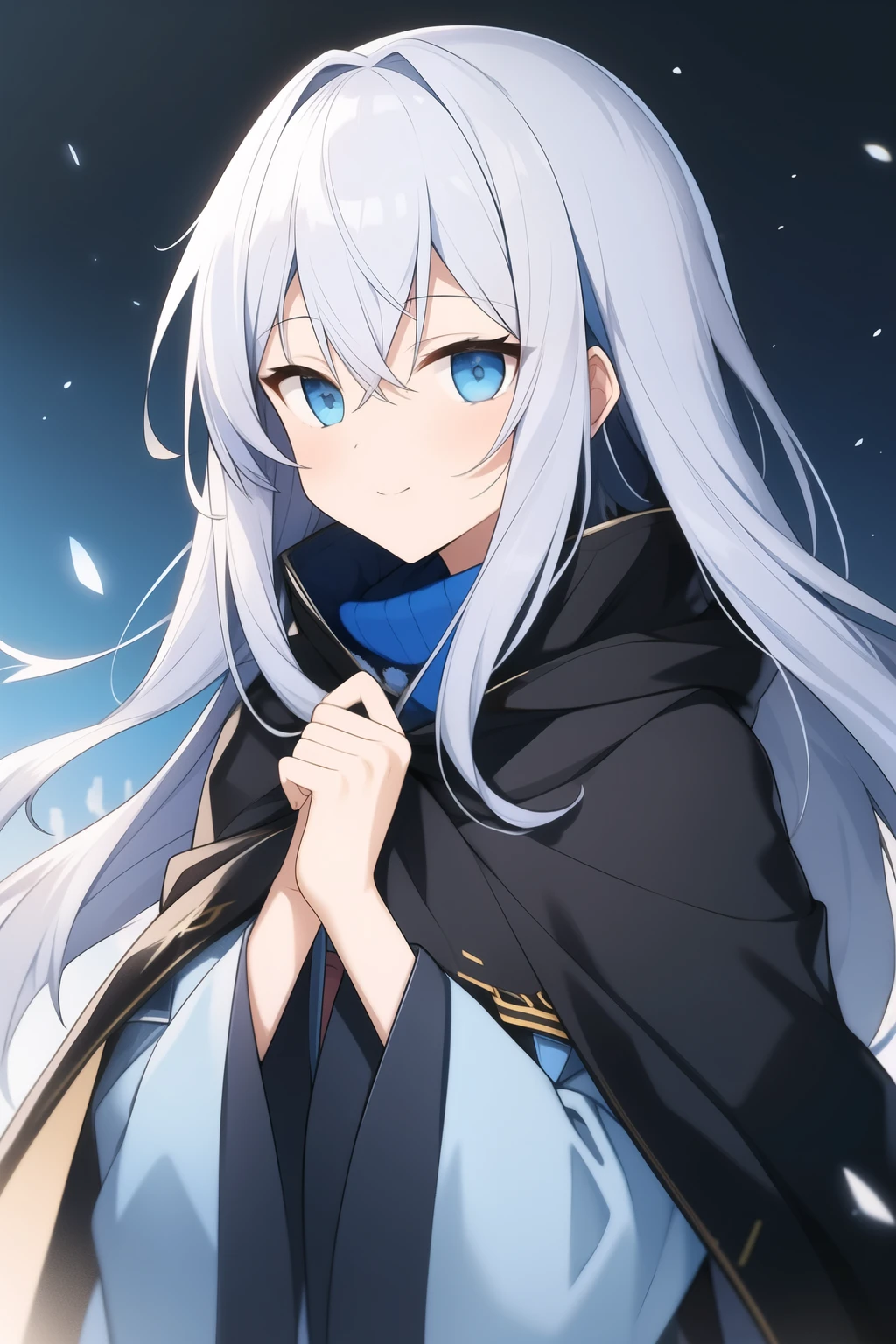 Gray Hair、Blue and white odd eyes、Long Hair、Cool black and blue clothing that looks like a cape