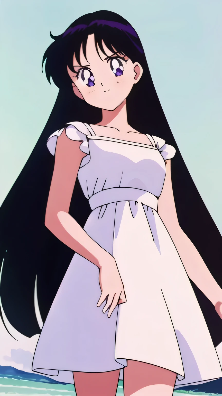 (retro anime girl:1.2), (white dress:1.1), (masterpiece:1.2), (best quality), (ultra detailed), (8k,4k), (cowboy:1.2), (highly detailed:1.2), (a white Rosemary Cottagecore Dress:1.4), Rei Hino, 1 girl, solo, Best quality, masterpiece, High Definition, Teenager, Purple Eyes, Beautiful Detail Eyes, Black Hair, Long Hair, Good hands at sides, Smile, Blushing, Bare Neck, Bare Arms, Bare Shoulders, short sleeve, a white Rosemary Cottagecore Dress, walking on the beach with bare feets, Background, blue skies,