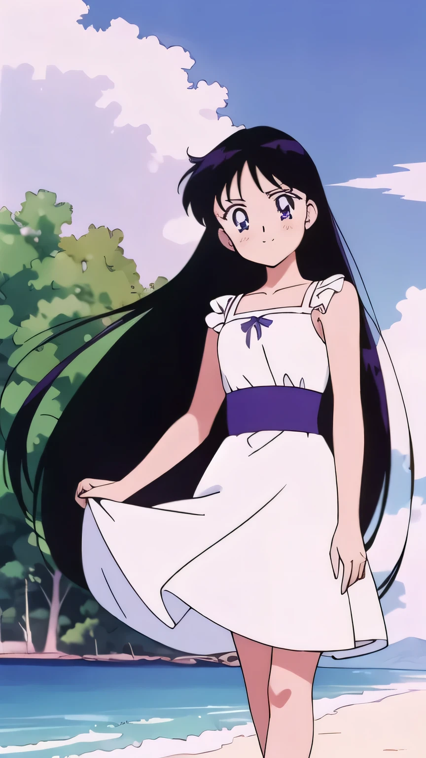 (retro anime girl:1.2), (white dress:1.1), (masterpiece:1.2), (best quality), (ultra detailed), (8k,4k), (cowboy:1.2), (highly detailed:1.2), (a white Rosemary Cottagecore Dress:1.4), Rei Hino, 1 girl, solo, Best quality, masterpiece, High Definition, Teenager, Purple Eyes, Beautiful Detail Eyes, Black Hair, Long Hair, Good hands at sides, Smile, Blushing, Bare Neck, Bare Arms, Bare Shoulders, short sleeve, a white Rosemary Cottagecore Dress, walking on the beach with bare feets, Background, blue skies,