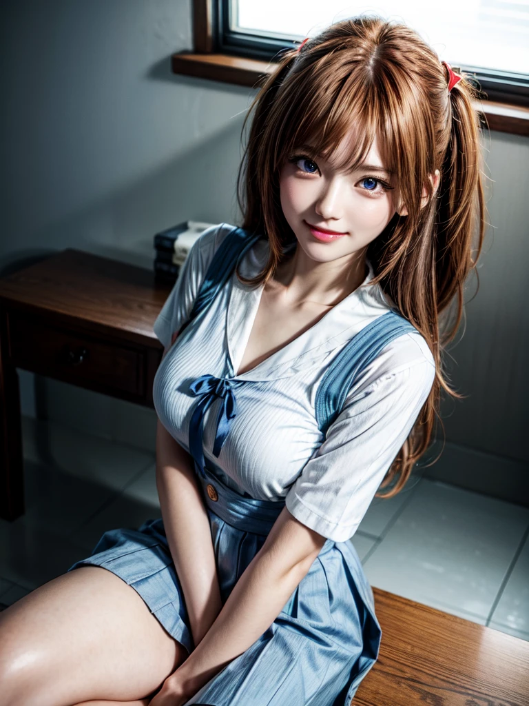 （8k, highest quality, Pieces fly:1.2)、Ultra-high resolution、anime,1 very pretty girl,Asuka Langley,Highly detailed face, Fine grain,blue eyes,,White sailor collar plain short sleeve shirt,Light blue skirt,Light Blue Suspenders,uniform_Red ribbon,Orange Hair,Long Hair、Detailed hand and fingers,put your hands in your hair,Grin、sitting on desk,Shooting from above,classroom