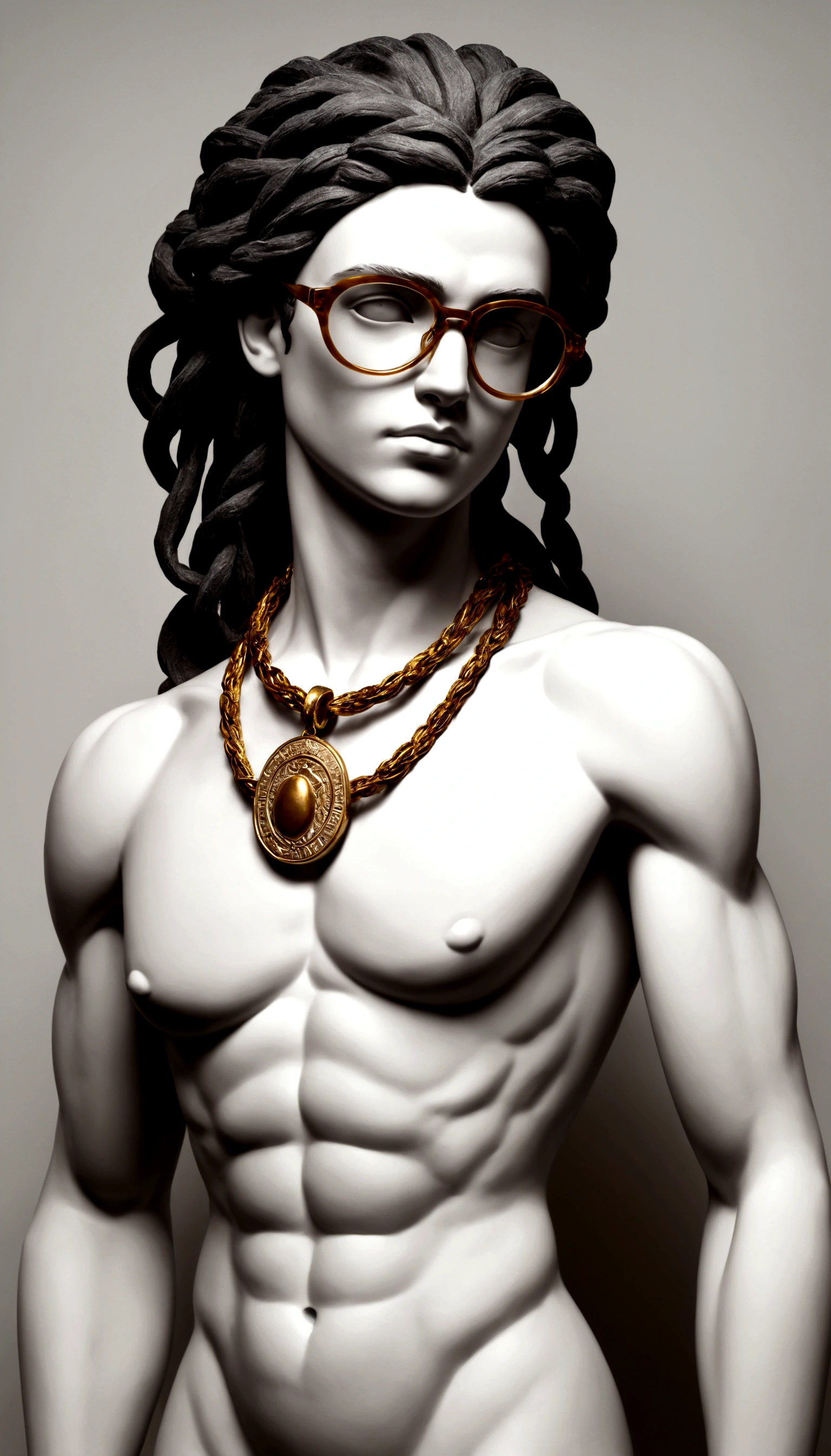 Create an ancient Greek-style sculpture depicting nude Stoic philosophers, focusing on a bisexual woman of classic beauty and modern sensuality. The image must have the following characteristics:Fones de Ouvido: Grandes e modernos, com um design detalhado que mostra a habilidade do escultor em combinar o antigo com o novo.
Mesa de Som: A mix of modern technology with classic Greek elements, incluindo botões e sliders carved with precision.
Corrente de Ouro: A sturdy chain hangs from the figure's neck, esculpida com textura realista.
Clear glasses: the glasses, made of translucent marble, add a touch of modernity to classic sculpture.
Cabelo Rasta: Longos dreadlocks caem sobre os ombros e a frente do rosto, adding an exotic and contemporary element to the figure.
Main Figure Bisexual Philosopher ,Seios: Lindos e bem detalhados, carved with precision.Corpo Perfeito:ideal proportions, with defined musculature and realistic anatomical details.Coxas Largas: Bem modeladas, transmitting strength and sensuality.Braided hair: Cabelo rasta, braided and falling forward elegantly.Sensual Expression and Poses**: Poses que sugerem erotismo e sensualidade, with a serene and seductive facial expression.
Estilo da Escultura Nua: Totalmente nua, carved in classical Greek style.Gold Chain Glasses: Um detalhe moderno contrastando com o estilo antigo.Ambiente e Fundo:Fundo Branco Liso:Para destacar a figura esculpida.Gold Coins Scattered on the Floor: Detalhadas e brilhantes, adding a touch of opulence to the setting.Paleta de Cores: Black and white for a classic, dramatic contrast, com detalhes dourados nas moedas e na corrente.Qualidade da Imagem,Resolution: 4K to 8K for maximum clarity and detail.Detalhamento: Muito detalhado, destacando cada aspecto da escultura, from skin texture to modern elements.