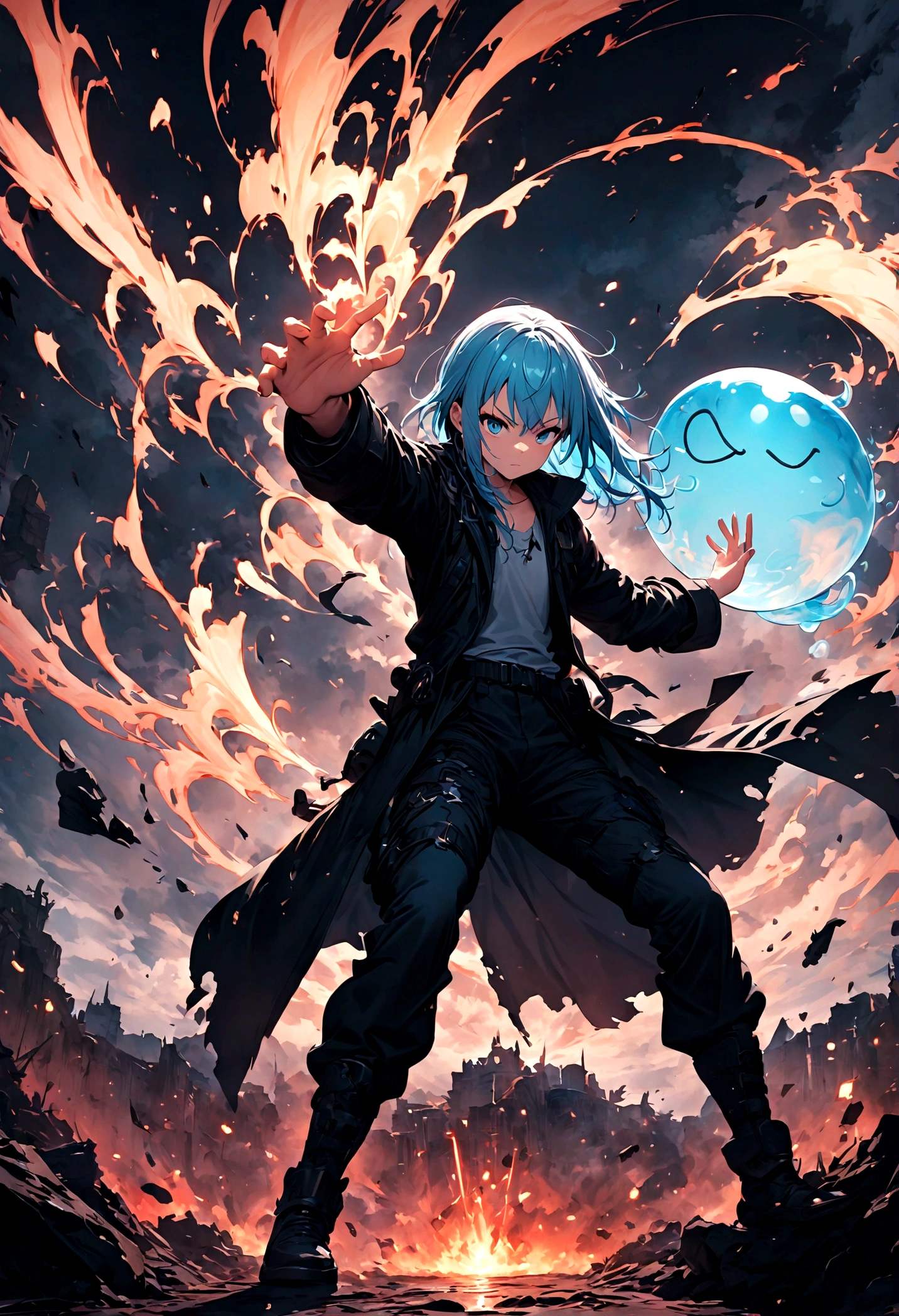rimuru tempest,Manga anime「That Time I Got Reincarnated as a Slime」Rimuru of＝Create an action-packed fight scene with Tempest as the main character. Rimuru has blue hair and blue eyes, He is dressed in stylish combat gear, Black coat and boots.. Photographing him in a dynamic fighting pose, Cast powerful spells、You may face an enemy., With a look of confidence and determination. The background depicts a spectacular battlefield from a fantasy world.., Loaded with magical effects and war-torn landscapes. Include intense special effects such as light explosions, Energy Wave, And the wind accentuates his magical powers. Highlighting his aura and shapeshifting abilities, Slime-like body parts. The scene must convey the intensity and drama of an epic battle...,(masterpiece:1.3),(highest quality:1.4),(Very detailed:1.5),High resolution,Very detailed,unity 8k wallpaper,