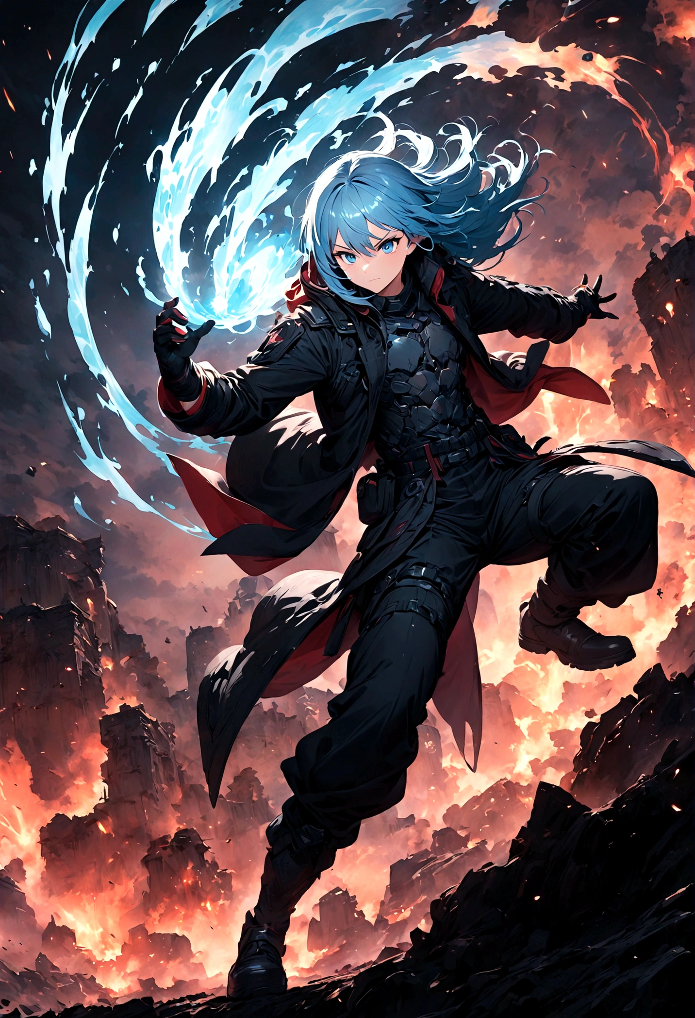 rimuru tempest,Manga anime「That Time I Got Reincarnated as a Slime」Rimuru of=Create an action-packed fight scene with Tempest as the main character. Rimuru has blue hair and blue eyes, He is dressed in stylish combat gear, Black coat and boots.. Photographing him in a dynamic fighting pose, Cast powerful spells、You may face an enemy., With a look of confidence and determination. The background depicts a spectacular battlefield from a fantasy world.., Loaded with magical effects and war-torn landscapes. Include intense special effects such as light explosions, Energy Wave, And the wind accentuates his magical powers. Highlighting his aura and shapeshifting abilities, Slime-like body parts. The scene must convey the intensity and drama of an epic battle...,(masterpiece:1.3),(highest quality:1.4),(Very detailed:1.5),High resolution,Very detailed,unity 8k wallpaper,