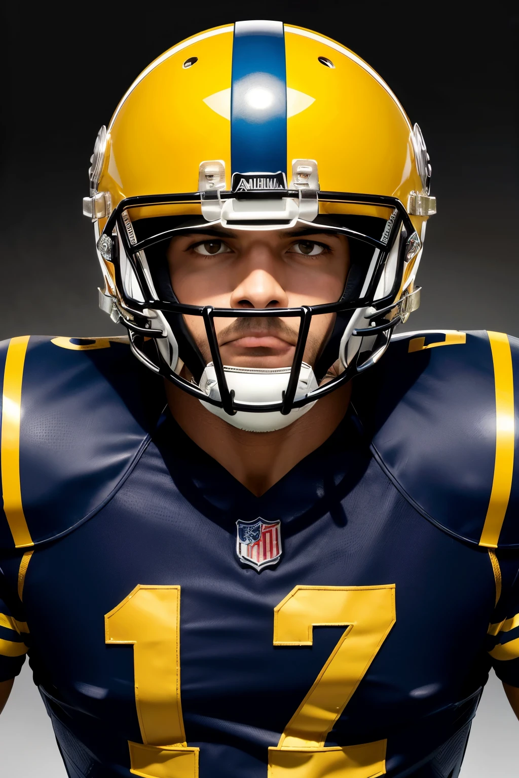 ((melhor qualidade)), ((realista)), (detalhado), bust of an American football player with a black and yellow helmet and a gladiator as a logo on the helmet background of the image with the tourist attraction of the city of Blumenau SC Brazil