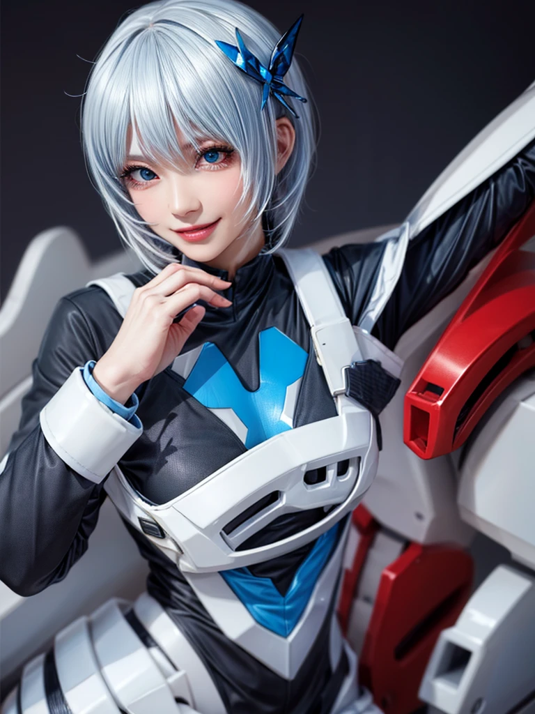 Masterpiece, highest quality, 8K, detailed skin texture, fine cloth texture, beautiful detailed face, intricate details, super detailed, portrait of Rei Ayanami, blue hair, red eyes, looking far away, no background, Evangelion Wearing a plug suit when riding, plug suit, whole body visible, standing, arms crossed, , beautiful, cute, great style, smiling,composition that shows the whole body,