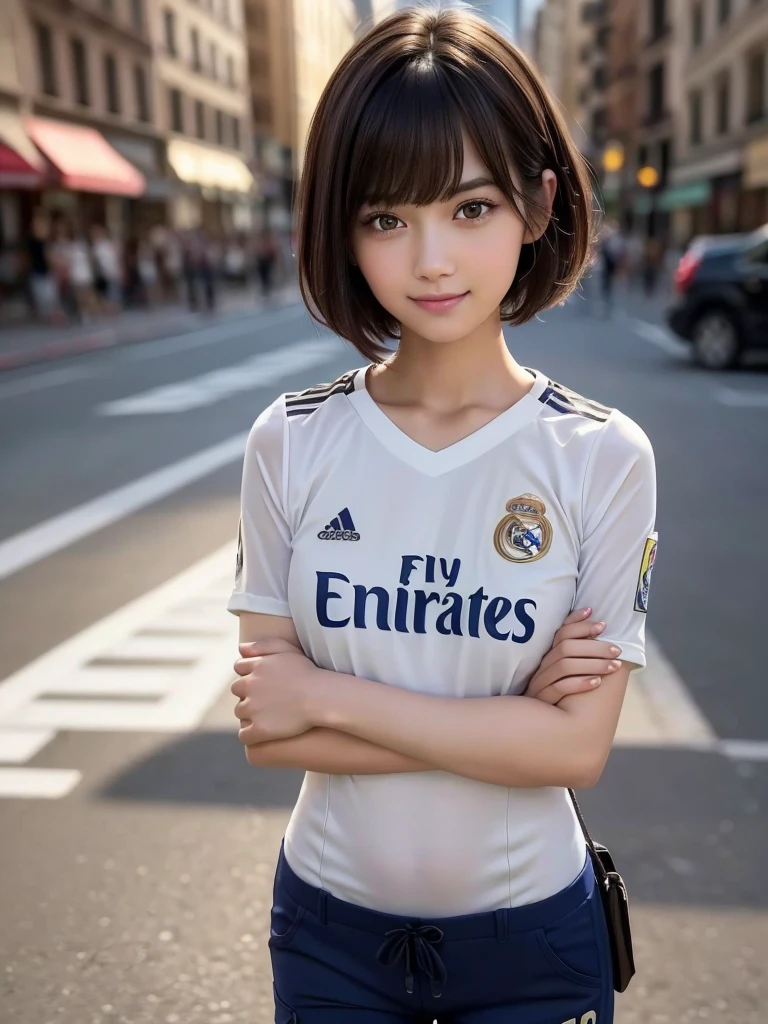 (8k, RAW Photos, highest quality, masterpiece:1.2), (Realistic, photo-Realistic:1.4), (Highly detailed 8k wallpaper), ((Full Body Shot)), (1 girl), Sharp focus, Depth of written boundary, Cinematic lighting, Soft Light, 緻密な美しさのeye, eye_Chan, Very beautiful 17 year old girl, innocent big eyes, Realistic, photo Realistic, Highly detailed cute girl, (Thin thighs), (Model Body Type), 18-year-old, (((real madrid soccer jersey))), (Cargo long pants), (((Fold your arms in front of your chest and act arrogantly))), ((A happy smile)), Parted lips, Watching the audience, (On the streets of New York) , (Brown Hair),（Short Bob Hair), (Asymmetrical bangs)