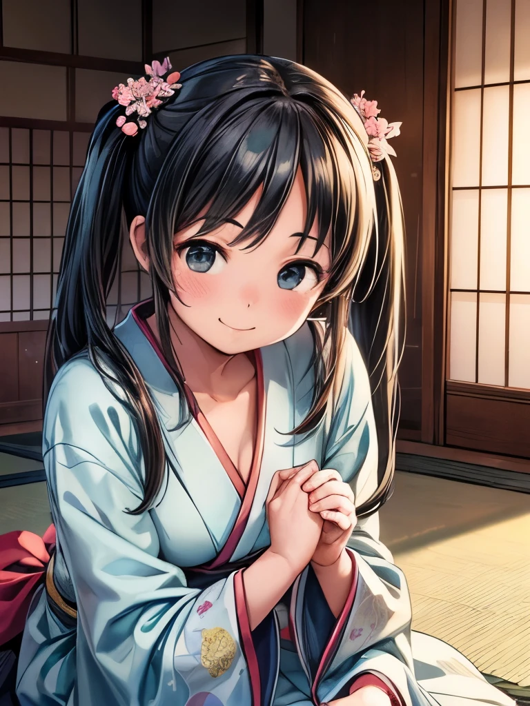 (masterpiece、highest quality、highest quality、Official Art、Beautiful and beautiful:1.2)、(One girl:1.3)Hatsune Miku、Twin tails,Beautiful breasts,winter new year event announcement poster, (highest quality,Realistic),alone,Beautiful Japanese Women,Traditional Kimono,Natural posture,優しいsmile,Impressive Gaze,Traditional hairstyle,Tatami room,(Attractive pose),Professional Photographer,Shallow depth of field,Backlight, Leaning forward, In a pose like sitting upright facing forward., Place your hands on the floor, Tilt your head and look up, smile, I want to thank all the viewers