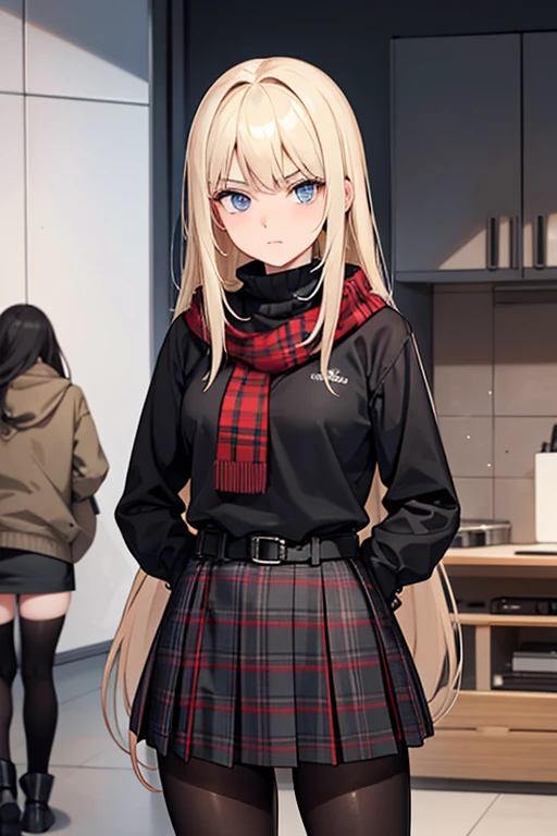 A 16-year-old ager, with long, straight hair, straight cut, blonde, and grayish blue eyes, she dresses in a black turtleneck, a black and red plaid skirt, nylon pantyhose, a red scarf and a belt, cold and postural facial expression, in an anime style, character sheet, multiple perspectives. (She)