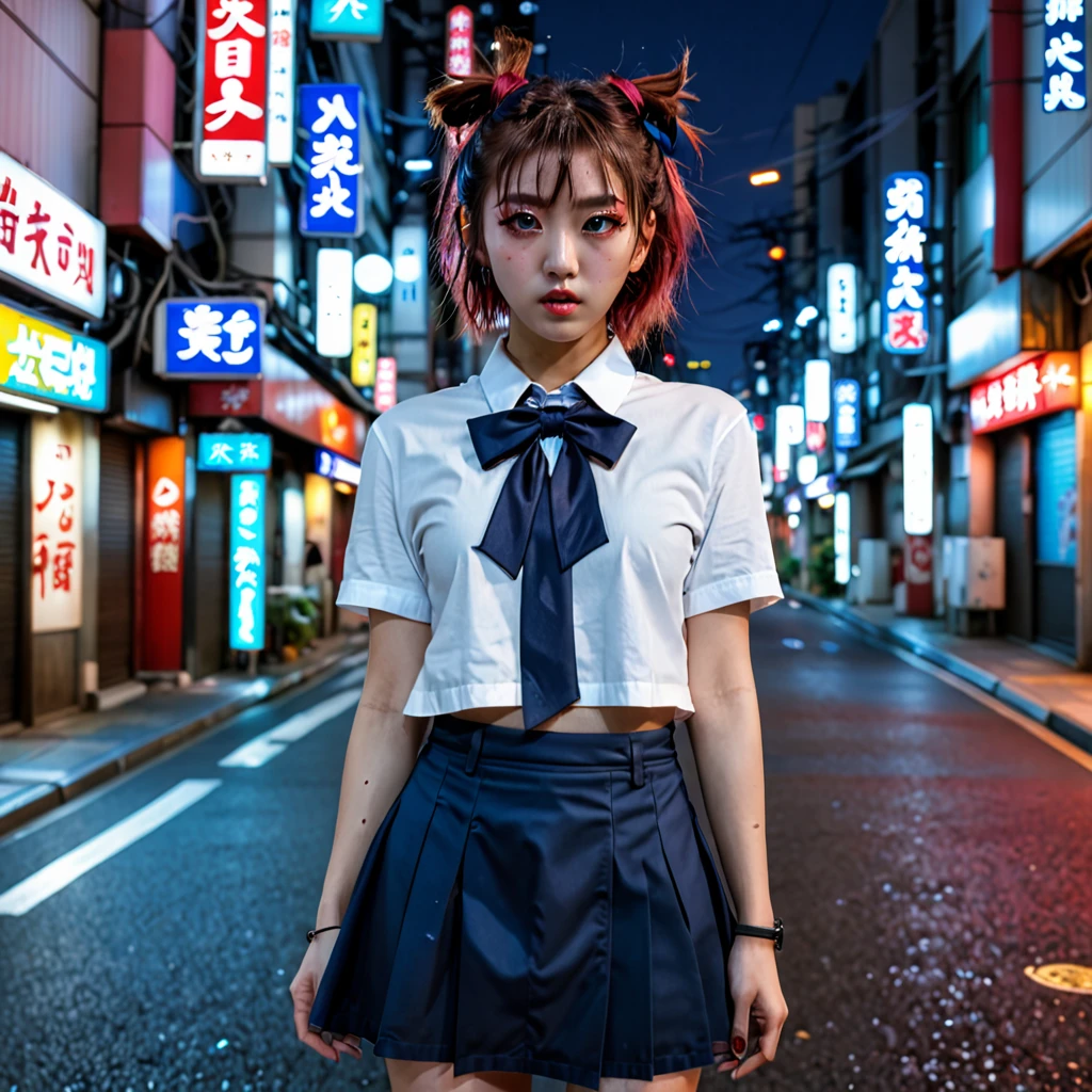 (8k, RAW photo, masterpiece:1.3), (realistic, photo-realistic:1.37), (night), (looking at viewer:1.331), (bloody hair), posing, Tokyo street, nightcityscape, cyberpunk city, soft light, 1girl, extremely beautiful face, bust, put down hands, Random hairstyle, Random expression, big eyes, lower abdomen, (short-sleeved .JK_shirt), JK_style, (dark blue short JK_skirt), (bow JK_tie), mix4., best quality