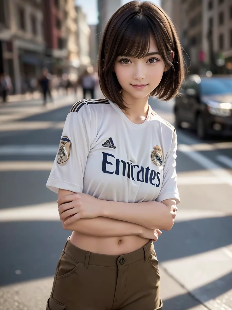 (8k, RAW Photos, highest quality, masterpiece:1.2), (Realistic, photo-Realistic:1.4), (Highly detailed 8k wallpaper), ((Full Body Shot)), (1 girl), Sharp focus, Depth of written boundary, Cinematic lighting, Soft Light, 緻密な美しさのeye, eye_Chan, Very beautiful girl, innocent big eyes, Realistic, photo Realistic, Highly detailed cute girl, (Thin thighs), (Model Body Type), 18-year-old, (((real madrid soccer jersey))), (Cargo long pants), (((Fold your arms in front of your chest and act arrogantly))), ((A happy smile)), Parted lips, Watching the audience, (On the streets of New York) , (Brown Hair),(Short Bob Hair), (Asymmetrical bangs)