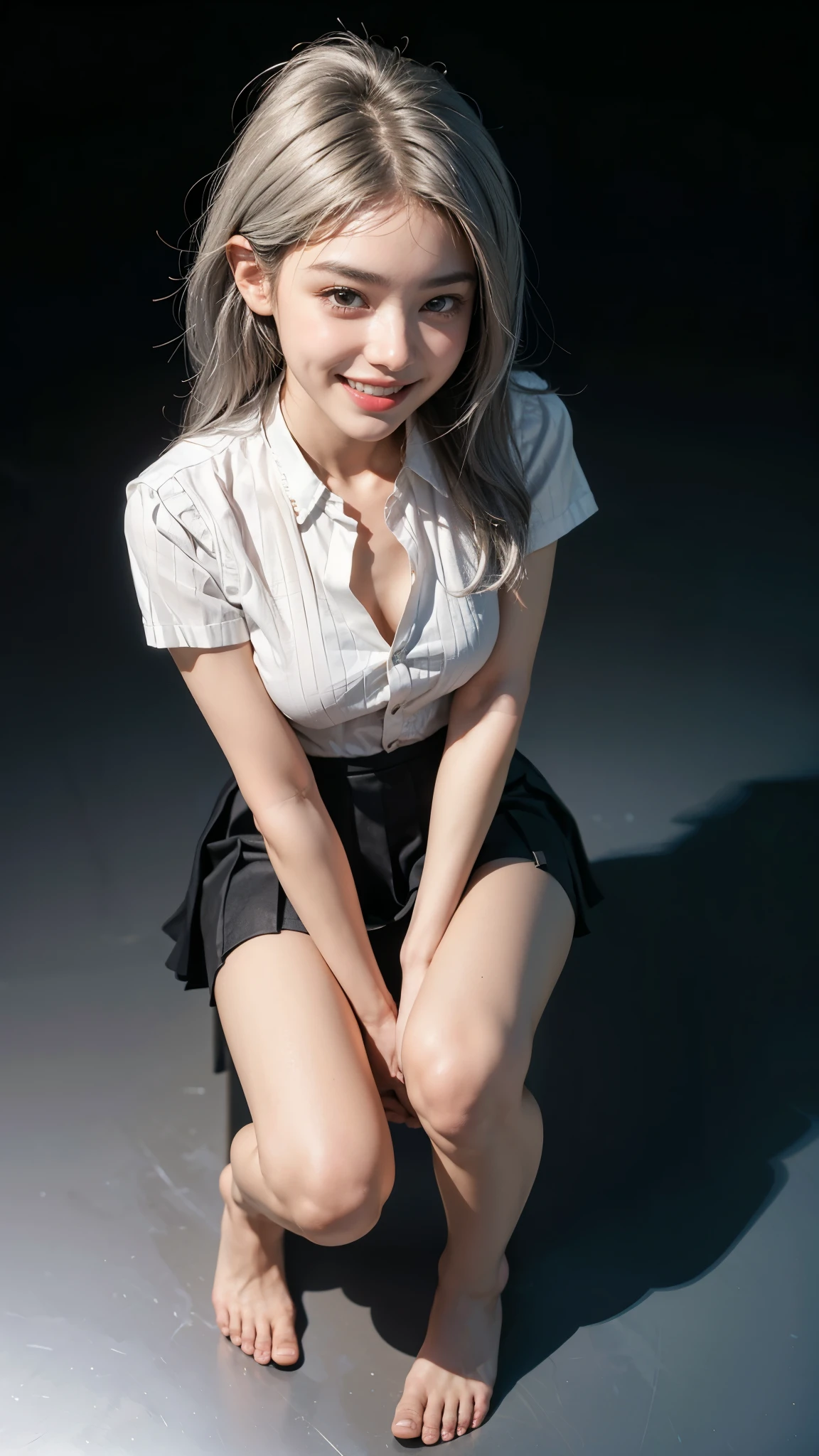 highest quality, masterpiece, Ultra-high resolution,8k, (Realistic:1.6), (Facing portraits) RAW Photos, 1 girl,(I'm showing my teeth and smiling)), 22 years old,((Silver Hair)),((Beautiful feet)),((A black blouse with a knee-length pleated skirt)),((Black Stockings,)),((Silver straight shorthair)),((From above:1.4)),Face Focus:1.4,((Simple solid color background)), Image Media Chest)),((Smiling with teeth showing)),