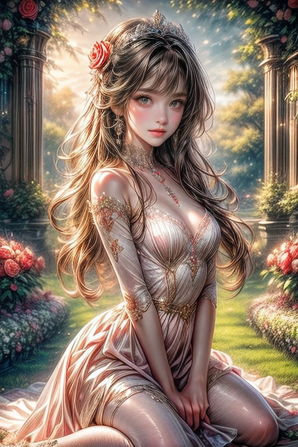 Fantasic Illustration, Masterpiece: 1.2, Highest Quality, Highres, 16k, Beautiful Detailed, Ultra-Realistic, Photo Realistic: 1.37, Beautiful Cute Girl, kneeling in English rose garden,under the rose arch, rose tattoo on arms, growing eyes, shining pupils, blushed cheek, shiny rosy lips, wearing dress show off tattoo, delicate beautiful (hair, face, eyes, pupils, long eyelash), middle breasts,