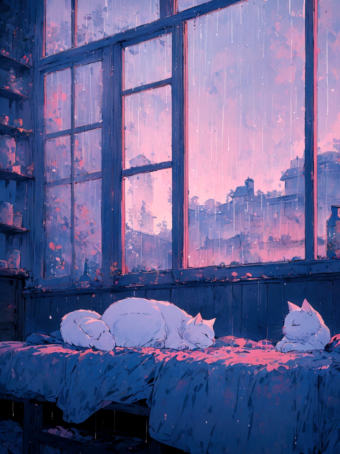 cat sleeping on the bed next to a large window that shows that it is raining