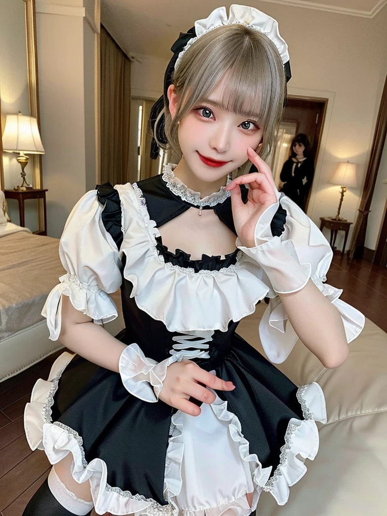 (8K, Photorealistic, Raw photo, of the highest quality: 1.3), (1girl in), Super beautiful, (Realistic face), (boyish, Silver Color Berry Shorthair), Beautiful , Glare that captivates the viewer, Beautiful expression, Beautiful breasts, (Realistic skin), Be...Super high quality, super high definition, super detailed, masterpiece, 20years old, female, cute, perfect face, beautiful, gothic lolita clothes, gothic lolita fashion, frilly skirt, headdress, necklace, bracelet, knee-high socks, boots, double eyelids, tear bags, Detailed down to the fingers, photo-like description, indoors, dim indoor lighting, blonde hair, pony tail, standing, whole body, composition that shows the whole body, smiling,Optimal ratio of 4 fingers and 1 thumb