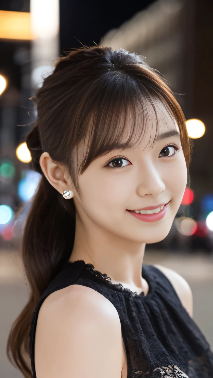1 girl, (Wearing a black blouse:1.2), Beautiful Japanese actresses, (ponytail:1.3),
(RAW Photos, highest quality), (Realistic, Realistic:1.4), masterpiece, 
Very delicate and beautiful, Very detailed, 2k wallpaper, wonderful, 
finely, Very detailed CG Unity 8K wallpaper, Very detailed, High resolution, 
Soft Light, Beautiful detailed girl, Very detailed目と顔, Beautiful and exquisite nose, Beautiful and exquisite, Cinema Lighting, 
break
(Snowy night cityscape background 1.3), City lights, 
Perfect Anatomy, Slender body, smile, Face the front completely, Looking into the camera