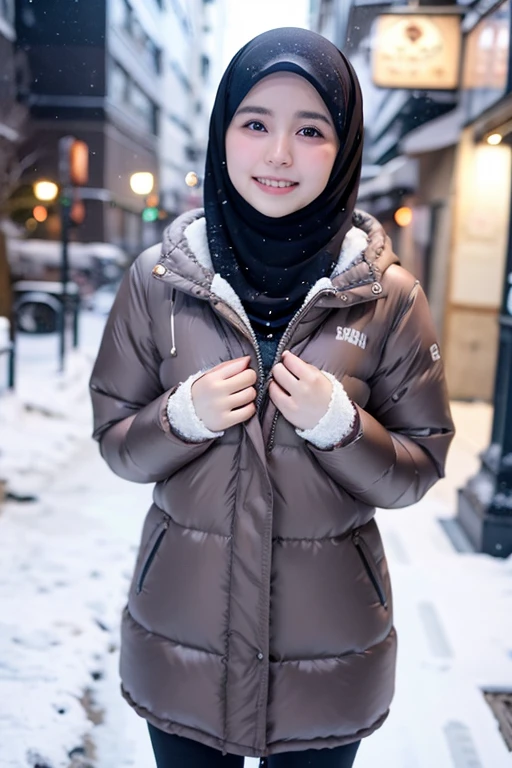 Best quality, 4K, 8K, Detailed faces,fully body photo, Clear face, Japanese muslim girl, 21 years old girl, Pasmina hijab, Smilingly, perfect body figure, Long slim legs, Long down jacket with hood, snowy Tokyo landscape, the street