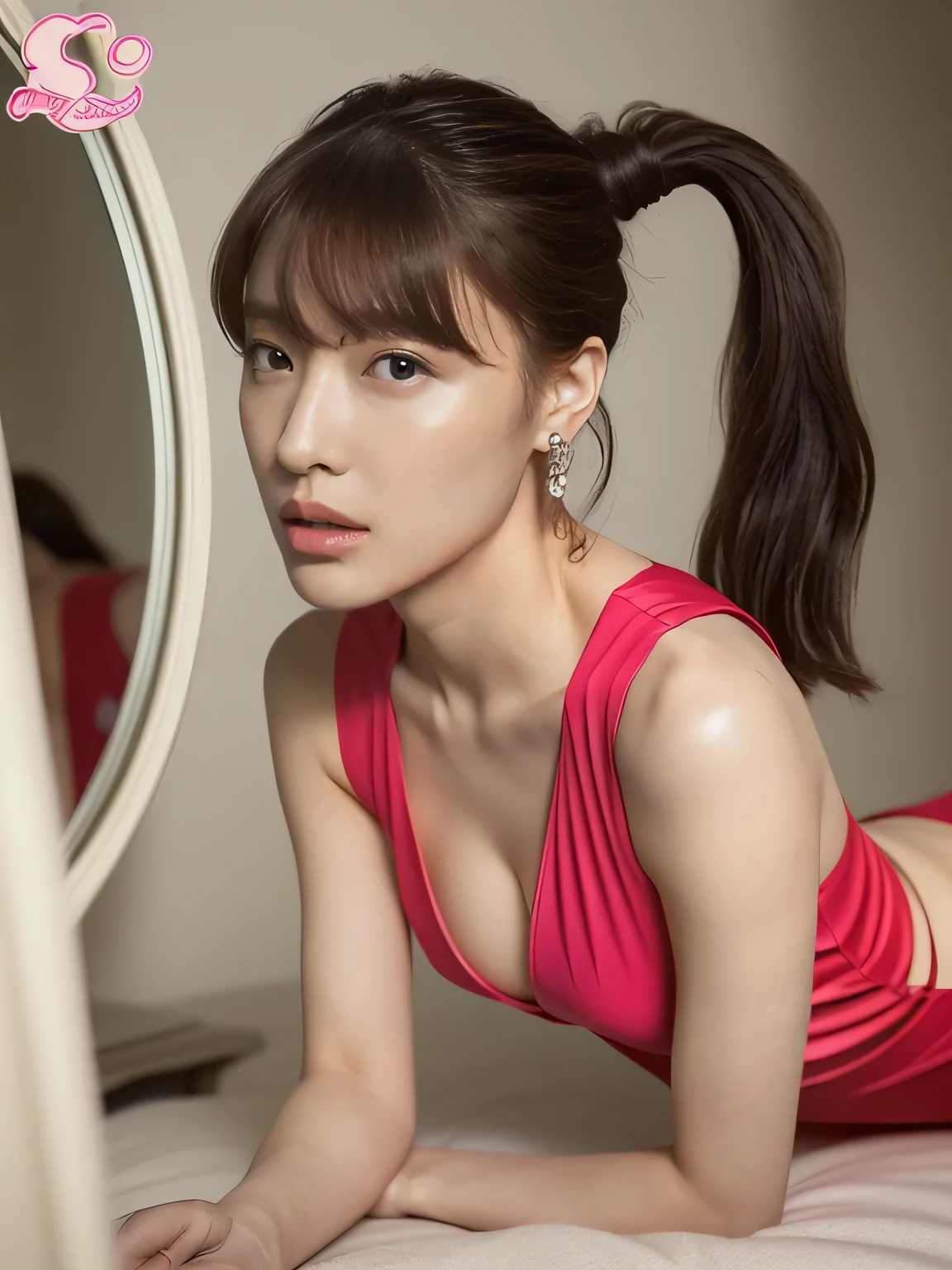 ((Snapshots of everyday life, Clear photos, Take a full-body photo:1.4)),
(Wearing a see-through cheerleading uniform:1.8),
(No bra, The shape of the nipples is visible,Ample cleavage,Beautiful thighs,Ultra-detailed skin,Small pores in the skin:1.4),
((Sit on the mirror floor, Her breasts are touching my thighs, Her body is incredibly beautiful and stylish, :1.5)),
((Showing nipples, She has a feeling expression:1.5)),
((32 years old, Beautiful sister, Naughty lips, Sexy body, Body facing forward, Please spread your legs a little:1.4)),
((Small breasts, Flat Chest, chest is slightly drooping:1.2)),
((Large bedroom, In front of a large mirror, Spotlight:1.4)),
Eye focus, Narrow shoulders, Beautiful clavicle, Thin arms, Thin legs, The back of the hand is beautiful and feminine, Slim figure, Soft belly, Tight waist, Highly detailed face, super detailed breasts, Ultra-detailed skin, Fair skin, Shiny skin,
Ultra-detailed lips, Fuller lips, Thick and soft lips, Glossy pink lips,
Blushing, White teeth, blue eyes,
Beautiful actress makeup, Make-up, Pink lipstick,
Dark brown hair, Delicate and soft hair, (Put your hair up, Fluffy short bob, ponytail:1.2), (Sweep your bangs to the side:1.2),
(Stylish earrings,necklace:1.2),