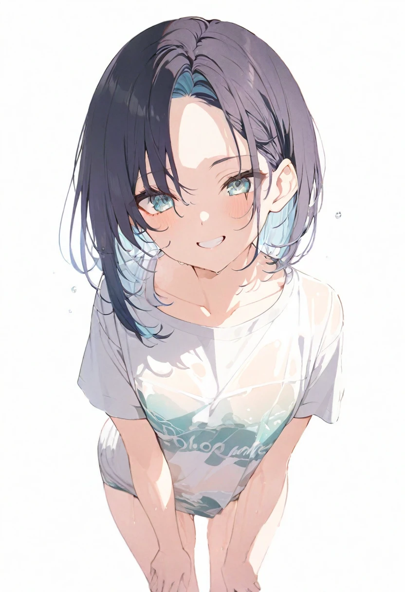 1girl,black hair,legs,breasts,masterpiece,best quality,very aesthetic, absurdres,pale hair,pale eyes,light blue eyes,Detailed eyes,(buruma:1.3),(simple),wet shirt,Cameltoe,(straight-on),(bra)