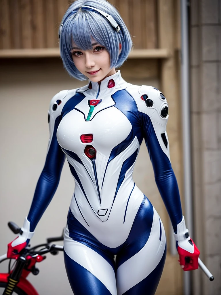 Masterpiece, highest quality, 8K, detailed skin texture, fine cloth texture, beautiful detailed face, intricate details, super detailed, portrait of Rei Ayanami, blue hair, red eyes, looking far away, no background, Evangelion Wearing a plug suit when riding, plug suit, whole body visible, standing, arms crossed, 15 years old, beautiful, cute, great style, smiling,composition that shows the whole body,