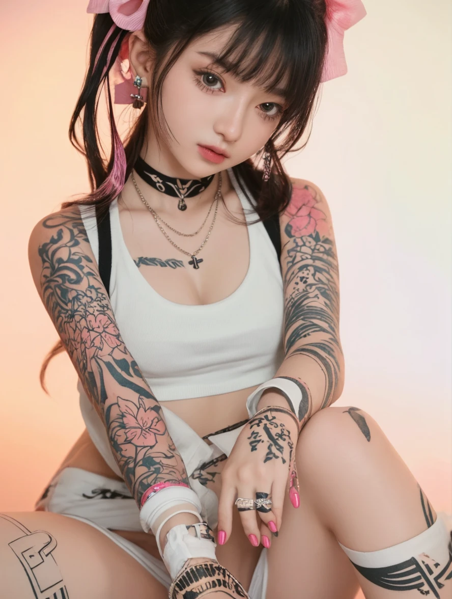 (​masterpiece), (top-quality:1.2), 1womanl, (masuter piece:1.3), exquisitedetails, top-qualityの8K解像度, Ultra-detailed, Realistic, Vibrant colors, Soft tones, With warm and gentle lighting, (shirt that emphasizes the chest:1.7), (Black shorts:1.5),  (Shorthair:1.5),(light bangs:1.3), (Lustrous hair), (red eyes:1.3), Black eyeliner, black lipstick, (TATTOO on right side and left thigh:1.6)
