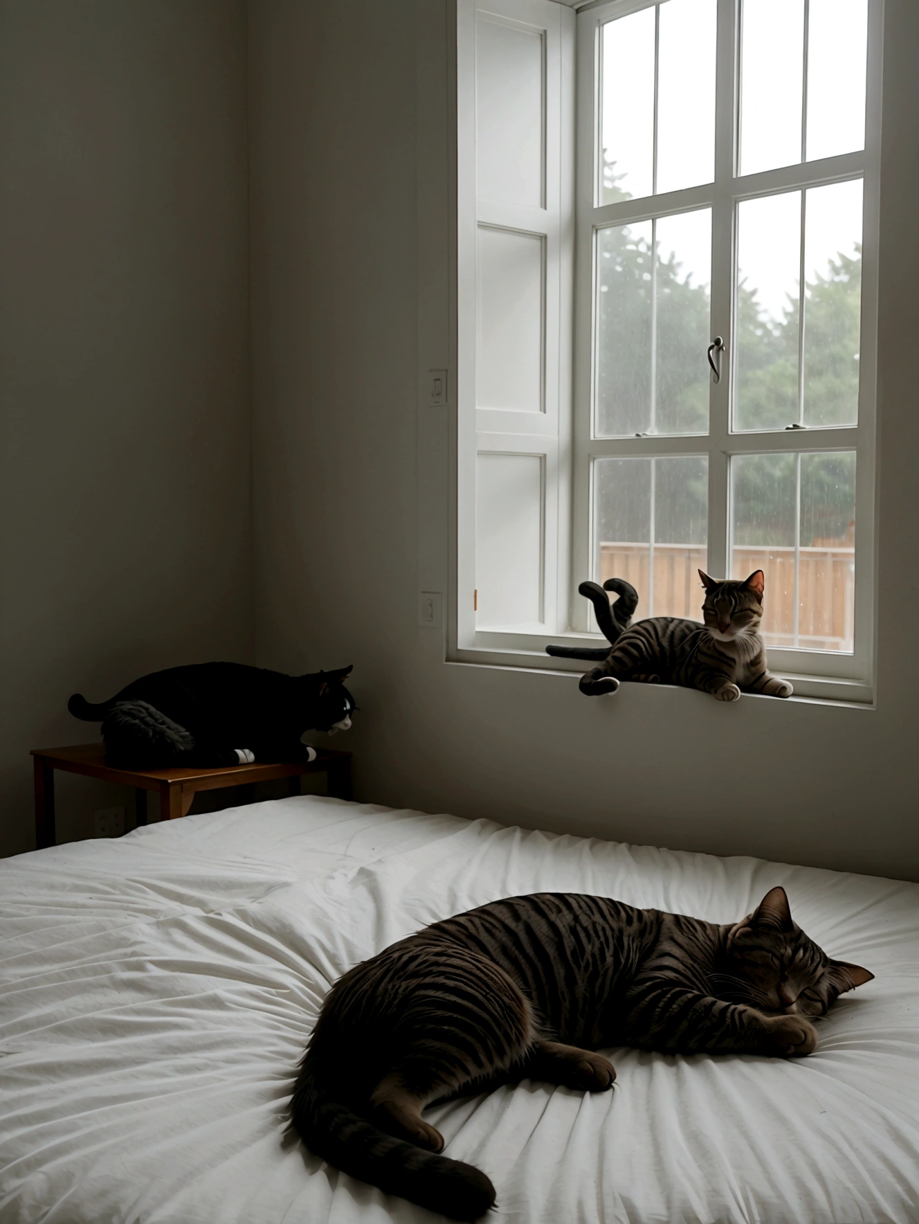 cat sleeping on the bed next to a large window that shows that it is raining