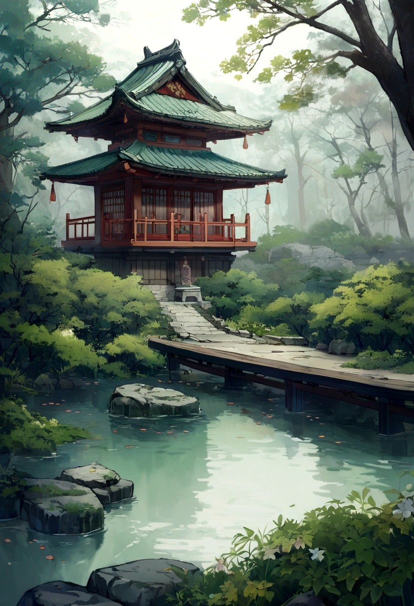 Japanese temple in the middle of the forest,stone path,Traditional architecture,Foggy atmosphere,Mystical feeling,wood々The sunlight breaking through,Speckled sunlight,Quiet environment,Symmetrical design,Perfectly manicured gardens,Serene atmosphere,Pagoda roof,そびえ立つwood々,Autumn leaves falling,Peaceful and meditative,Subtle color palette,Enchanting atmosphere,Calm Zen atmosphere,Bright green moss,古代のwoodの柱,Quiet silence,Traditional lanterns,Incense smoke swirling in the air,Elegant craftsmanship,A genuine cultural heritage,A serene view reflected in a nearby pond,Silence in nature,Harmony between architecture and nature,Soft and diffuse lighting,Cherry blossoms blooming in spring,The sound of leaves crunching underfoot,Majestic Serenity,Whispering bamboo forest,Spiritual pilgrimage,Spiritual Enlightenment,Vibrant Fall Colors,Sacred Rites,Deep Peace,A hidden oasis in nature,Meticulous attention to detail,Ceramic roof tiles featuring intricate patterns.